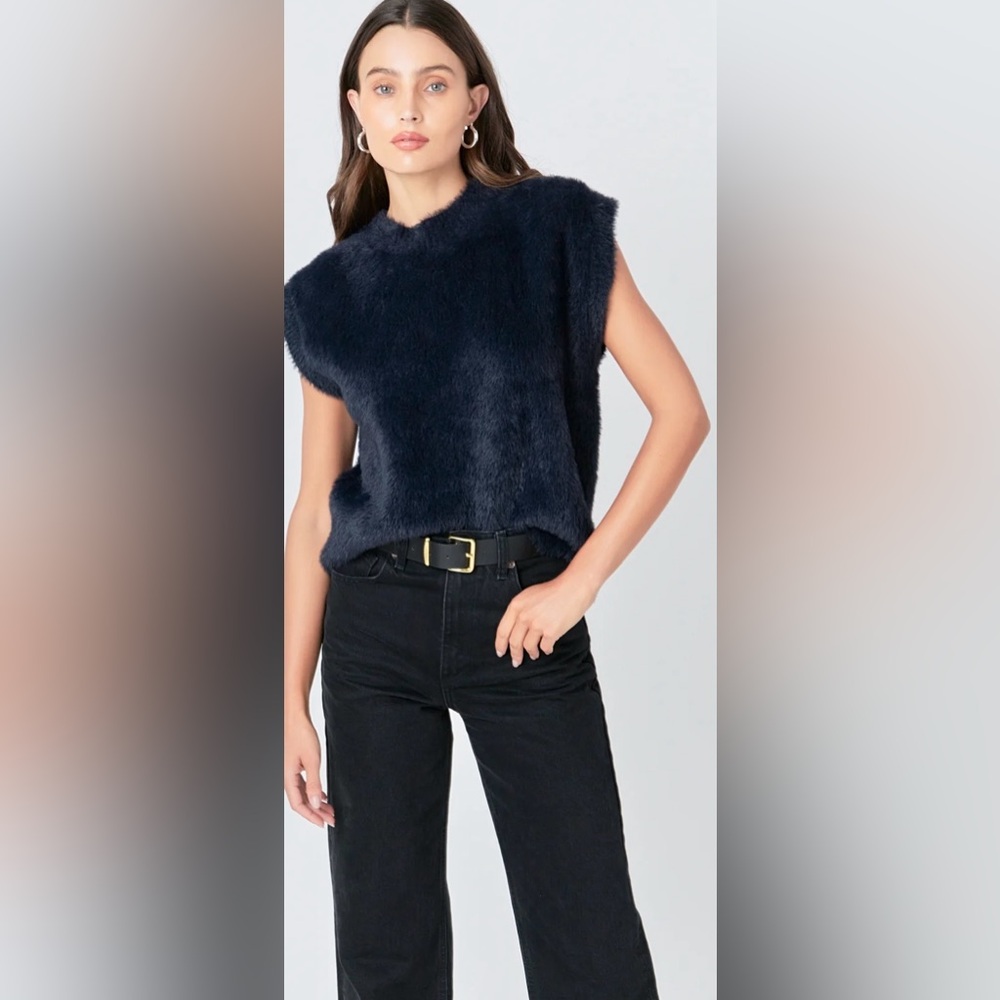 English Factory Feather Plush Knit  Sweater Vest Navy Blue Sz Large